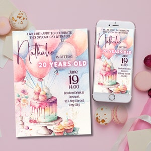 Convite de bolo e balões de aniversário, convite de aniversário pastel para crianças e adultos Patisserie, modelo de festa de doces de merengue de cupcake de balão editável