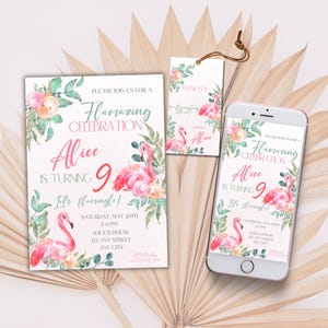 Invitación de cumpleaños con flamencos, invitación editable Let's flamingle, plantilla de cumpleaños para fiesta tropical para niñas, adolescentes y mujeres, celebración llamativa