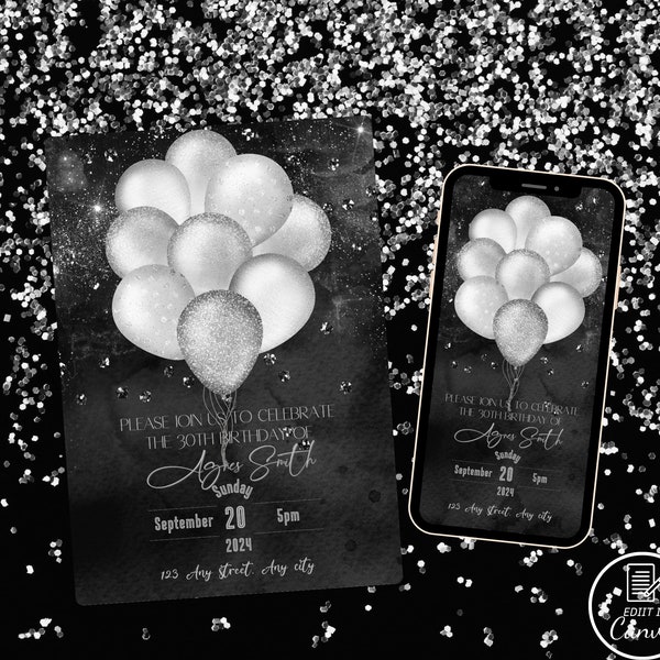 Silver balloons birthday party invitation, Editable silver glitter birthday evite for phones, Printable elegant birthday invite template