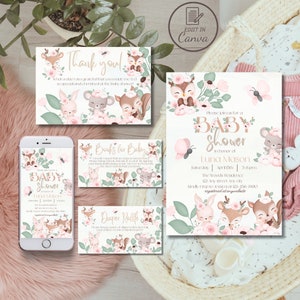 Zestaw zaproszeń na baby shower dla dziewczynki z motywem kwiatów i zwierząt leśnych, edytowalny zestaw szablonów posypek dla dzieci z motywem wiosny i lata w lesie, słodkie leśne zwierzęta