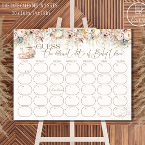 Juego de calendario de fecha de vencimiento del bebé de la fiesta del té floral, tablero de cumpleaños del bebé para adivinar la hora del té parcial editable, signo de predicción de la fecha de nacimiento de la tetera imprimible