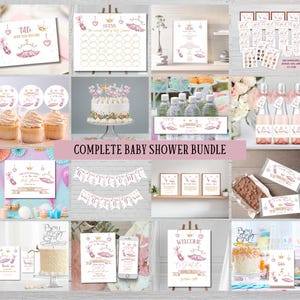 May include: A complete baby shower bundle with pink and gold decorations. The bundle includes a welcome sign, cupcake toppers, a banner, a cake topper, water bottle labels, favor tags, a game card, and a thank you card. The theme is a ballerina with pink and gold accents.