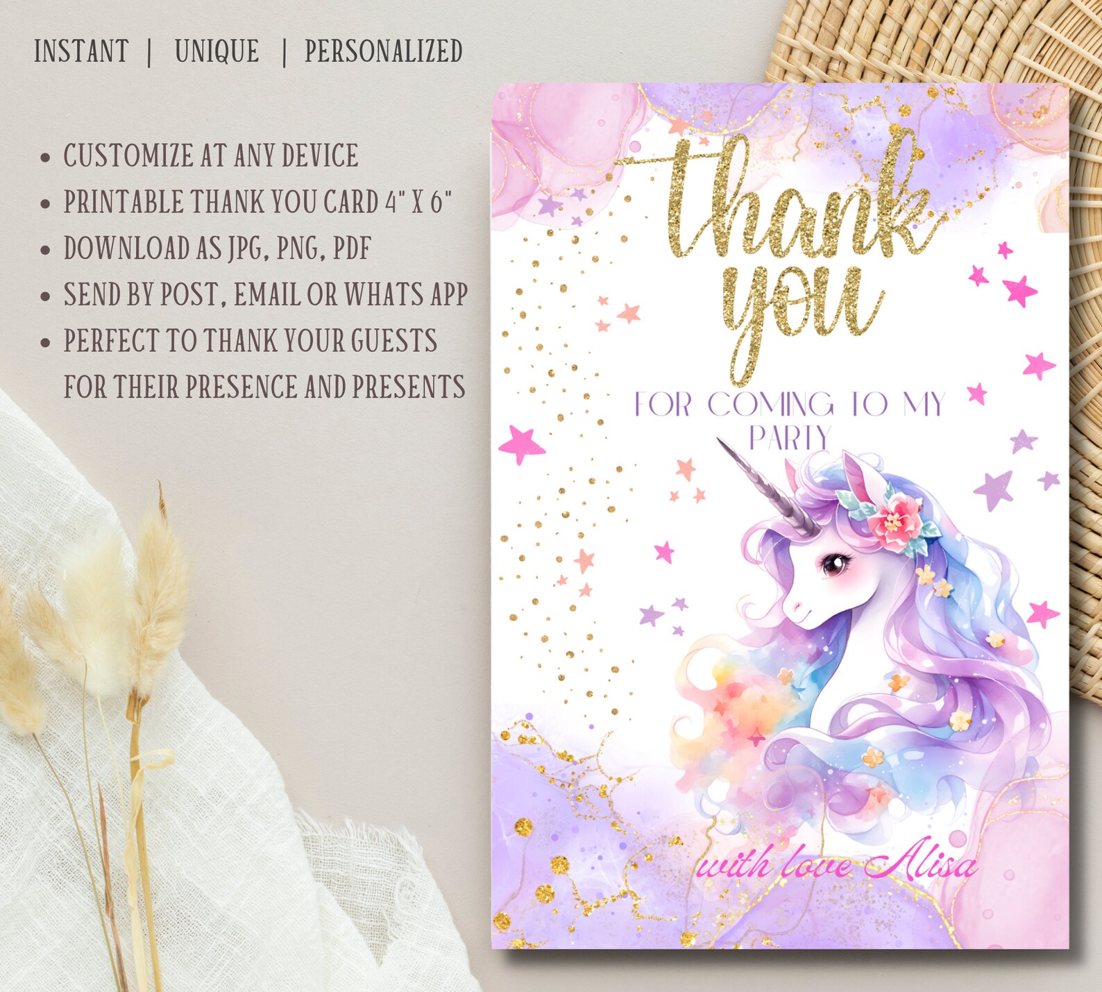 Unicorn Thank You Tag and Thank You Card Templates, Editable Magical ...