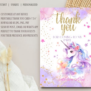 Unicorn Thank You Tag and Thank You Card Templates, Editable Magical ...