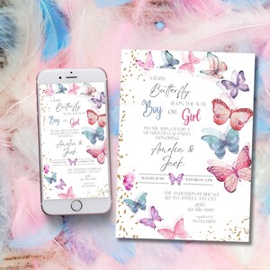 Convite para festa de revelação de gênero editável, modelo de chá de bebê com borboletas rosa e azul, convite para festa de menino ou menina com borboletas Ele ou ela evite
