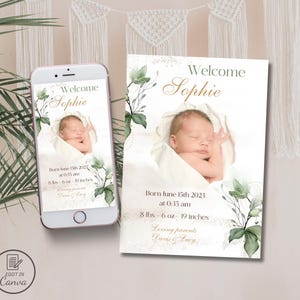 Groen digitaal geboortekaartje, eucalyptus babygeboortekaart met foto, elegante pasgeboren kaarten, minimalistische verjaardagsuitnodiging genderneutraal