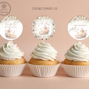 May include: Three cupcake toppers with floral designs and teacup imagery. The toppers feature the text "Time for Tea", "Sweet Baby", and "Baby Shower Tea Party".