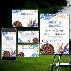 Faire-part de baby shower modifiable pour barbecue, invitation baby-Q bleu, modèle de saupoudrage de bébé pour couples dans l'arrière-cour Panier-repas barbecue en plein air