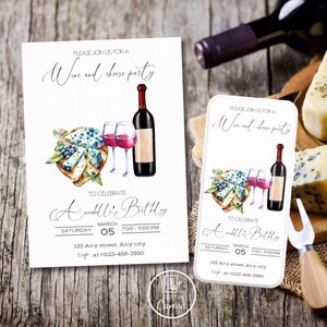 Invito di compleanno per adulti con tagliere di vino e formaggi, invito minimalista con sorsi e salse, invito per festa di compleanno con tagliere di salumi, modello per brunch nuziale