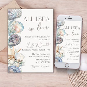 Invitación para despedida de soltera "All I Sea is Love", invitación editable para despedida de soltera en el océano, plantilla para brunch nupcial en la playa, invitación telefónica con conchas marinas náuticas.