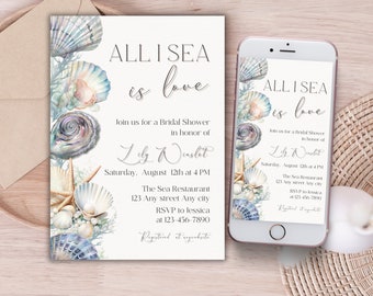 All I Sea is Love bridal shower invitation, Editable ocean bachelorette invite, Beach bridal brunch template, Nautical seashells phone evite