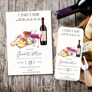 Charcuterie with the bride to be invitation, Wine cheese bridal shower invite, Bridal brunch, Elegant bachelorette template, birthday party