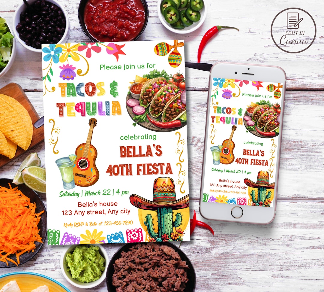 Tacos and Tequila Mexican Birthday Invitation, Editable Taco Bout Bday ...