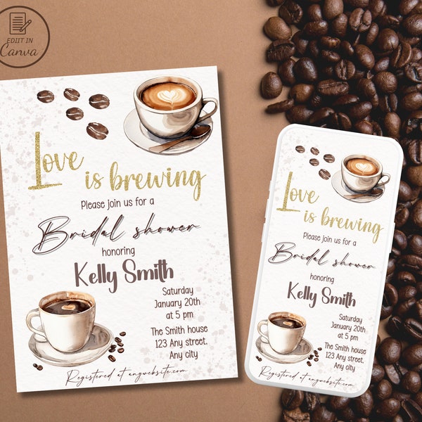 Love is brewing bridal shower invitation, Coffee with bride-to-be template, Bridal coffee invite, Minimalist americano cappuccino latte card