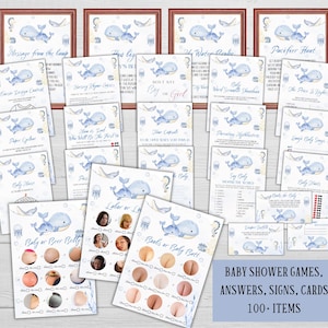 Editable under the sea baby shower games, Ocean animals baby sprinkle game bundle Boy underwater party activity pack Printable whale mom set