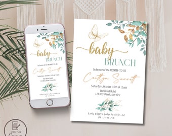 Groen baby shower uitnodiging, minimalistische eucalyptus baby shower evite, elegante eucalyptus groen baby brunch uitnodigen, bewerkbare sjabloon