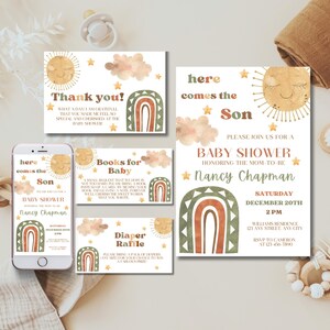 Hier komt de Son babyshower-uitnodigingsset, bewerkbare boho zonneschijn babyshowersjabloon, retro zon regenboog boho jongens strooipakket