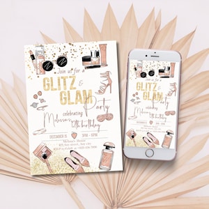 Editable Glitz and glam birthday party invitation, Glamour makeup girls night electronic invite, Blush pink gold SPA tween bday evite