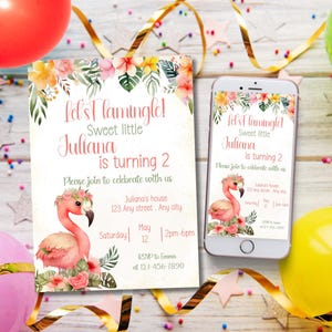 Invitation d'anniversaire flamant rose, invitation modifiable Let's flamingle, modèle d'anniversaire de fille tropicale fiesta, célébration flamboyante de fête hawaïenne à la piscine