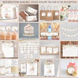 Op de afbeelding: Een set met printbare babyborreldecoraties met een theepartythema. De decoraties omvatten een welkomstbanner, cupcaketoppers, een taarttopper, een illustratie van een theekopje en theepot, en een bord met de tekst "Welkom Baby".