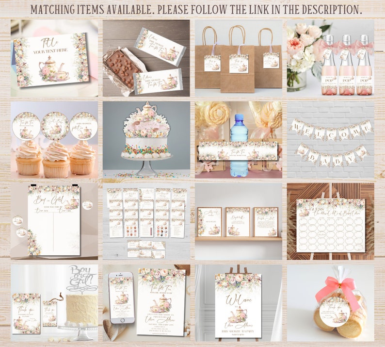 Op de afbeelding: Een set met printbare babyborreldecoraties met een theepartythema. De decoraties omvatten een welkomstbanner, cupcaketoppers, een taarttopper, een illustratie van een theekopje en theepot, en een bord met de tekst "Welkom Baby".
