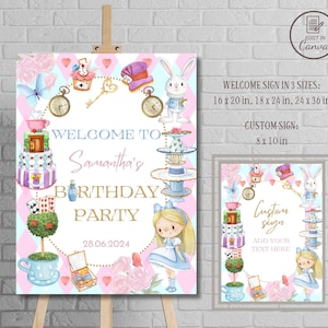 Alice im Wunderland Willkommensschild Vorlage, benutzerdefiniertes Geburtstagsschild für Onederland, bedruckbares Dekor-Poster für die verrückte Hutmacher-Tee-Party