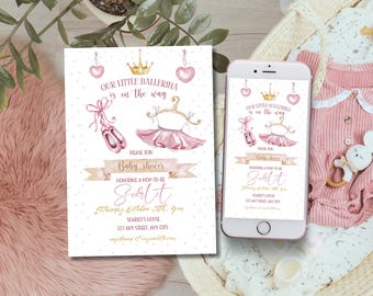 May include: Pink and gold baby shower invitation with a ballerina theme. The invitation features a crown, ballet shoes, and a tutu. The text reads "Our little ballerina is on the way." and includes the name "Scarlett" and the date and time of the shower.