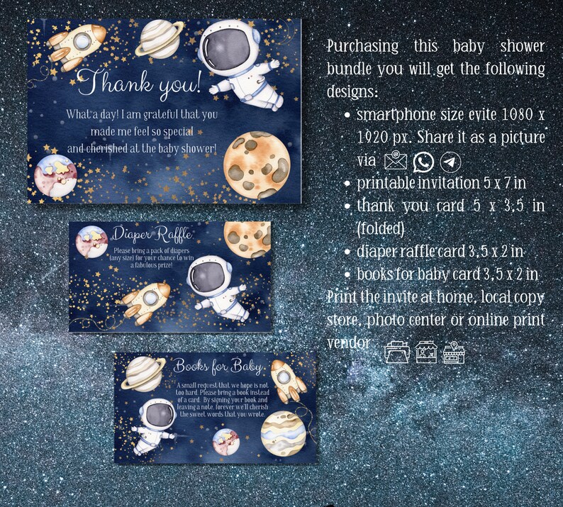 Space Theme Raffle Space Boy Baby Shower Invitation Set, Digital Galaxy Baby Shower ...