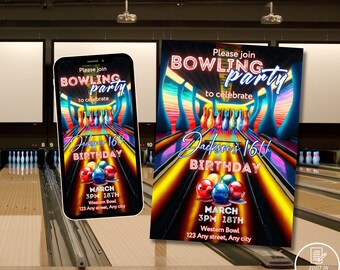 Bowling-Party-Geburtstagseinladung, Tweens-Erwachsene-Kinder-Bowlingspiel-Einladung, bearbeitbare Mädchen-Jungen-Geburtstagsvorlage. Bowlen Sie und bereiten Sie sich auf eine lustige Einladung vor