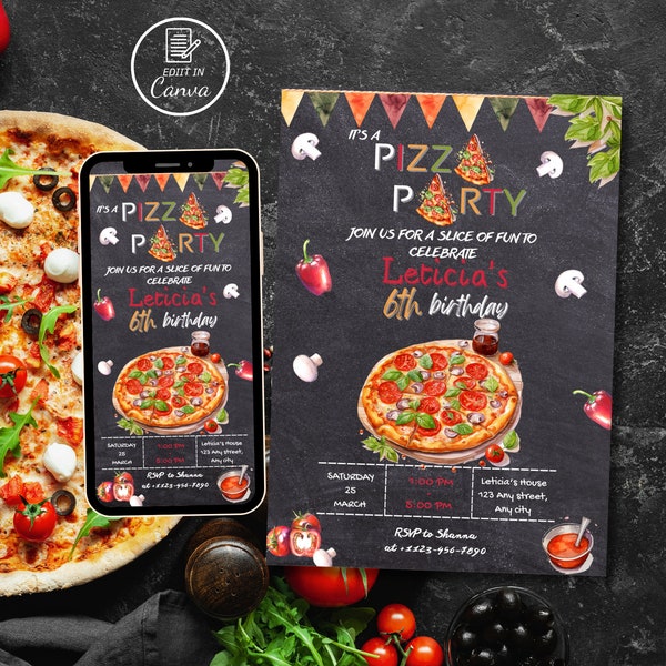 Pizza birthday party invitation, Editable pizza making evite, Slice of fun bday invite, Little chefs template, kid tween adult cooking night