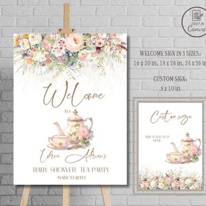 Cartello di benvenuto per baby shower per tea party e modelli di cartelli personalizzati, pannello di benvenuto modificabile Par-tea per baby brunch, forniture per feste floreali stampabili