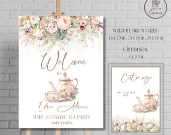 Tea party baby shower welcome sign and custom sign templates, Editable Par-tea baby brunch welcome board, Printable floral party supplies