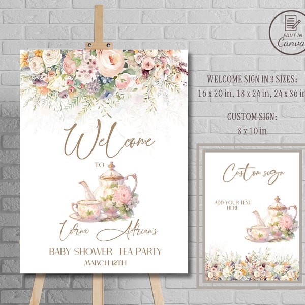 Tea party baby shower welcome sign and custom sign templates, Editable Par-tea baby brunch welcome board, Printable floral party supplies