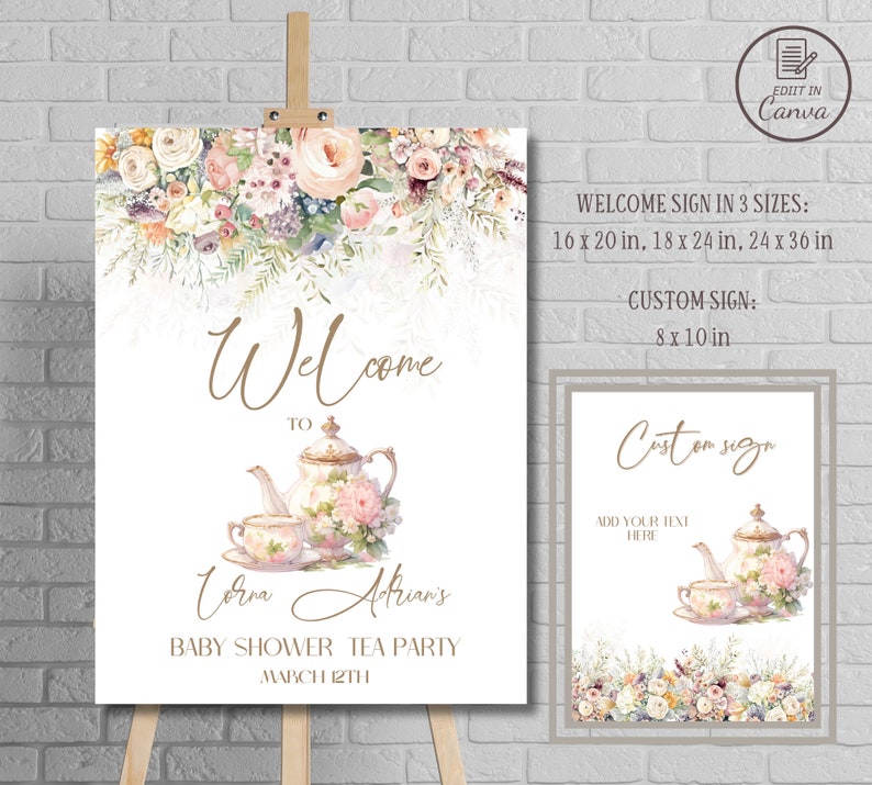 Op de afbeelding: Een welkomstbord voor een baby shower theepartij met een bloemmotief en een illustratie van een theepot en theekopje. Het bord zegt "Welkom bij Corna Atrian's Baby Shower Tea Party March 12th".