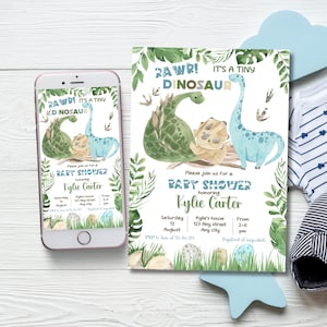 Babyshoweruitnodiging voor kleine dinosaurussen Bewerkbare dino-uitnodiging voor aanstaande babystrooisel Afdrukbare sjabloon voor aanstaande moeder 1e verjaardagskaart