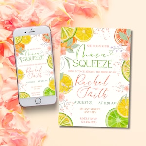 Ela encontrou seu convite principal, convite floral cítrico para chá de panela, convite editável para brunch de noiva com limões e laranjas, despedida de solteira elegante
