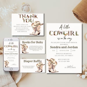Boho little cowgirl baby shower invitation Editable Wild west girl invite set Printable country Western sprinkle template Floral rodeo evite