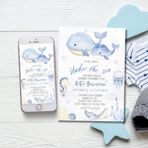 Zaproszenie na baby shower dla chłopca pod morzem Edytowalne zaproszenie na podwodne zwierzęta oceaniczne Zaproszenie na posypkę dla chłopców z motywem morskim Szablon wielorybów, mamy i dziecka