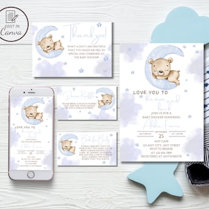 Ik hou van je tot de maan en terug baby shower uitnodiging, bewerkbare teddybeer op de maan baby strooi uitnodiging, Twinkle kleine ster sjabloon set
