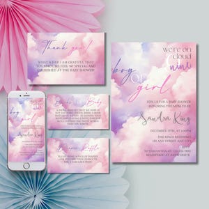 Pack d'invitations pour baby shower, fille et garçon, invitation à saupoudrer de nuages au coucher du soleil