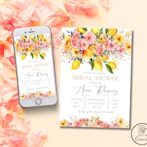 Invitation florale de douche nuptiale d'agrumes, invitation modifiable de brunch nuptiale de citrons oranges, bachelorette élégante de fleurs, fiançailles de printemps d'été