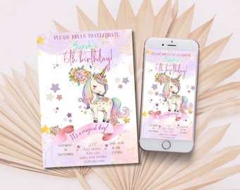 Bewerkbare verjaardagsuitnodiging eenhoorn, digitale eenhoorn-feestuitnodiging, eenhoorn-event voor meisjes voor telefoons en afdrukbaar, pastelkleurige eenhoornsjabloon