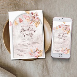 Boho arch and pampas grass woman birthday invitation Editable bohemian lady bday party invite Elegant bridal shower template Rustic greenery
