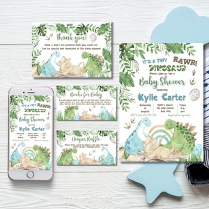Si tratta di un minuscolo set di inviti per baby shower con dinosauri. Invito modificabile per i futuri genitori con dinosauri. Modello stampabile per la futura mamma. Carta giurassica.