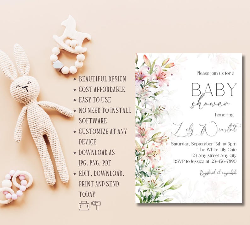 Editable Lilies Baby Shower Invitation Set Watercolor Lily Flowers Baby ...