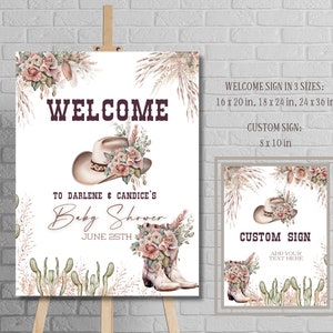 Boho kleines Cowgirl Babyparty Willkommen und benutzerdefinierte Zeichenvorlagen, bearbeitbares Wildwest-Mädchen Willkommensbrett, Country Western Streuzubehör