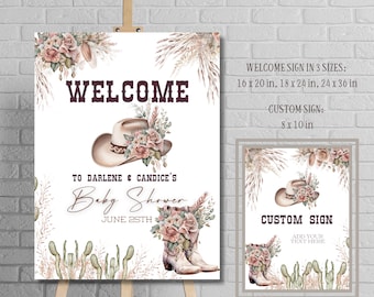 Boho kleine cowgirl babyshower welkomst- en aangepaste bordsjablonen, bewerkbaar welkomstbord voor meisjes uit het Wilde Westen, Country Western strooibenodigdheden