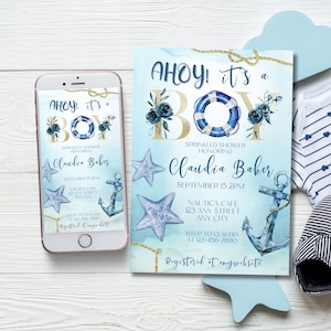 Ahoy, it's a boy babyshower, nautische blauwe babyhageluitnodiging, bewerkbare marinesjabloon, afdrukbaar oceaan- en zeethema jongen