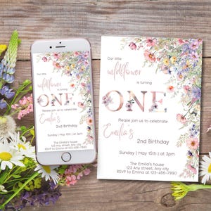 Wilde bloemen kind eerste verjaardagsuitnodiging, onze kleine wilde bloem is één, bewerkbare lentebloem sjabloon 1e verjaardagsfeestje, bloemen meisjes evite