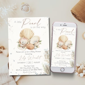 Kleine parel is onderweg babyshoweruitnodiging, bewerkbaar onder de zee babysprinkhaan uitnodiging Oceaan thema verjaardagssjabloon Schelpen evite
